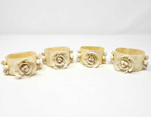 None and/or Unknown Other - Vintage Capiz Shell Mother of Pearl Flower Rose Napkin Rings Set of 4 - 1970s